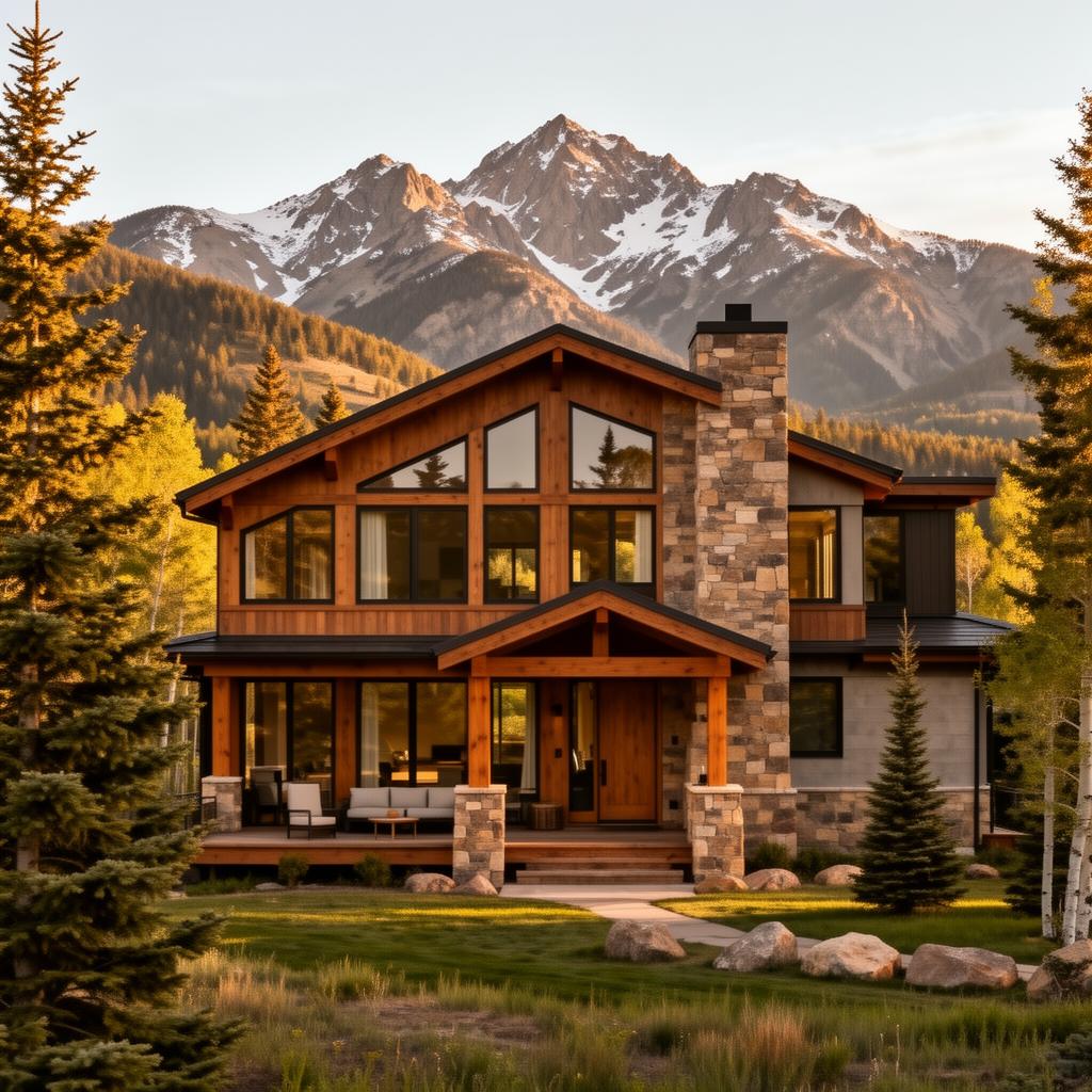 Mountain vacation rental home in Northern Colorado at golden hour