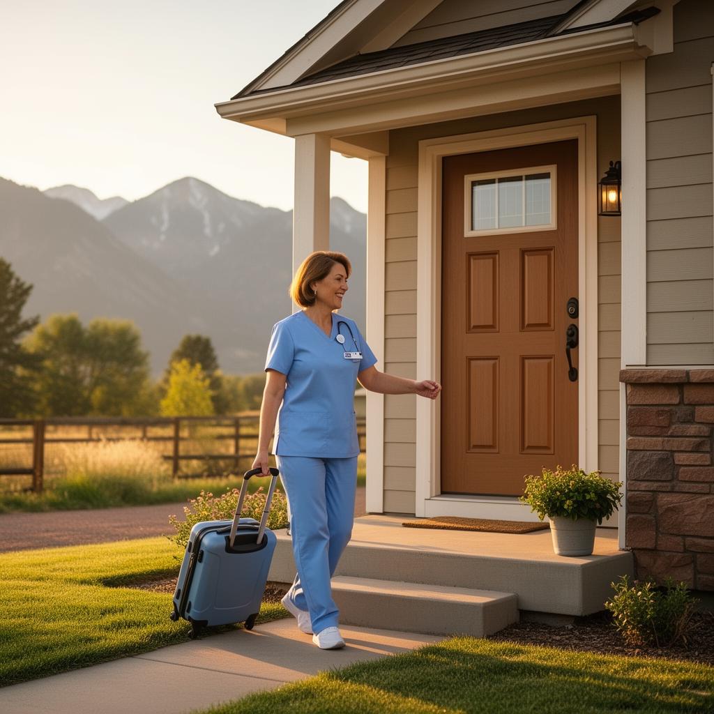 Traveling nurse arriving at a mid-term rental home in Colorado